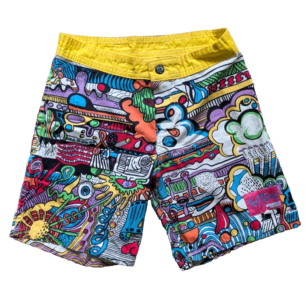VTG 90s Hot Tuna Surf Wear Shorts 100% Cotton Pop Art Neon Cartoon NWOT 26" Boys